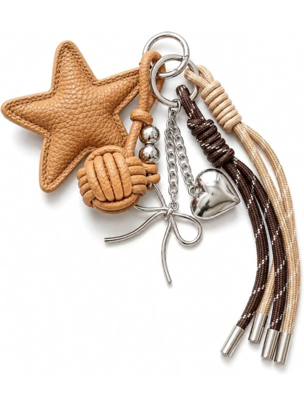 Chic 2-in-1 PU Leather Star Bag Charm Keychain with Braided Rope & Bow Accents